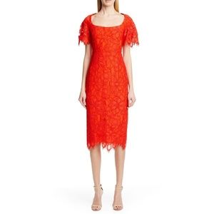 Lela Rose Red Open Neck Flutter Sleeve Lace Sheath Midi Cocktail Dress Size 8